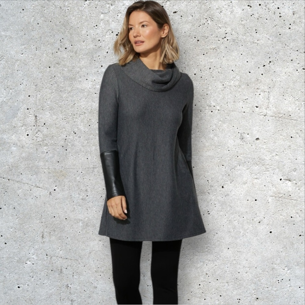Joseph Ribkoff Tunic Women’s 12 Cowl Neck Faux Leather Black Gray Knit T586